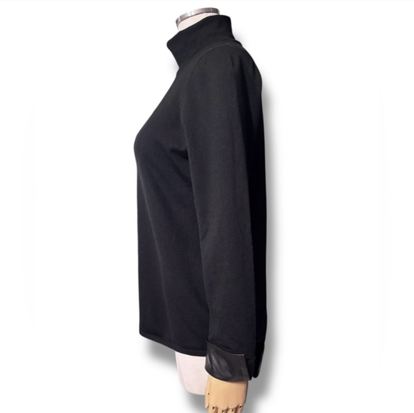 BELFORD Black Merino Wool Turtleneck Sweater Black Leather French Cuffs VINTAGE - Picture 5 of 8